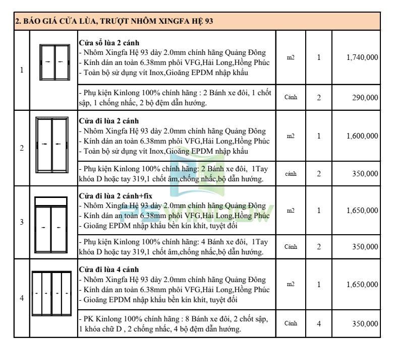 Báo giá cửa nhôm Xingfa nhập khẩu chính hãng tham khảo