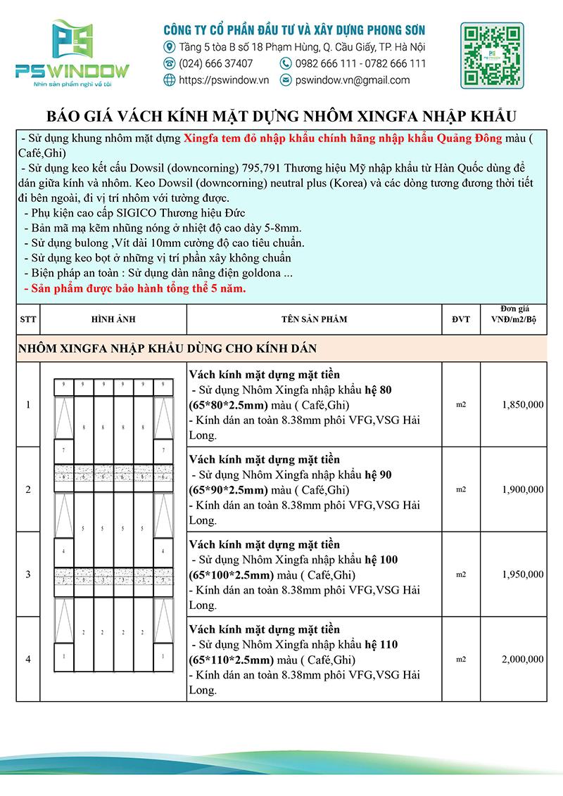Báo giá vách mặt dựng nhôm Xingfa tham khảo
