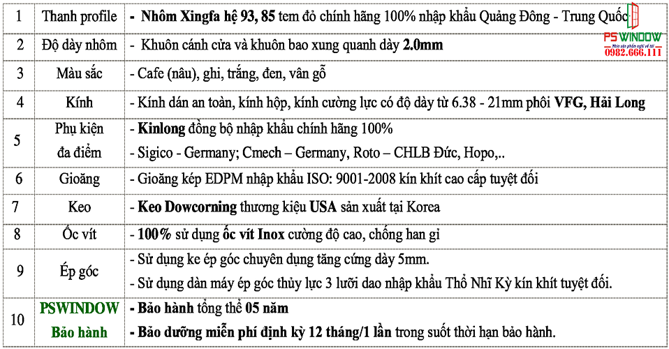 dac diem cau tao cua truot nhom xingfa pswindow