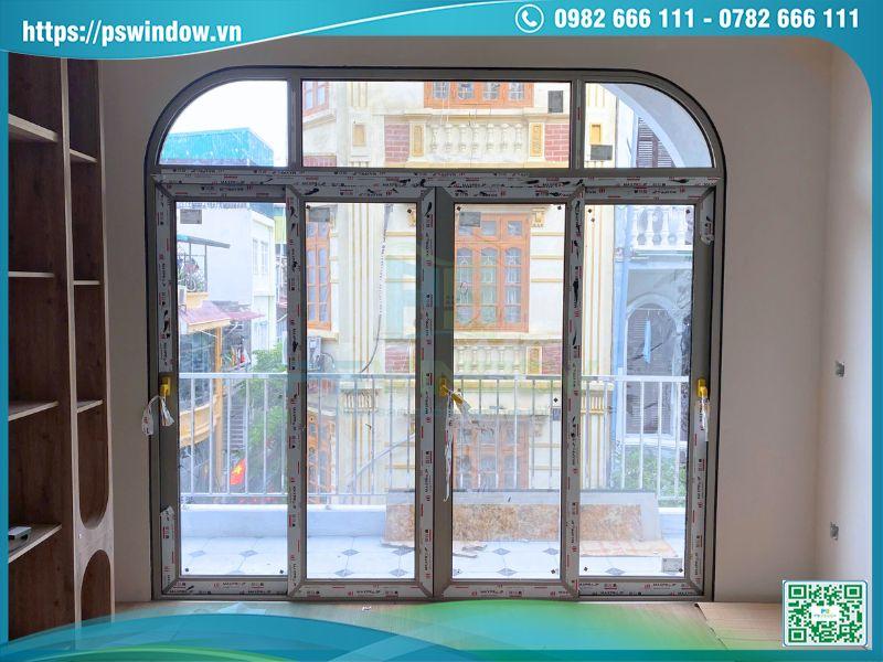 Cửa nhôm Maxpro hệ 83 lùa 4 cánh fix trên uốn vòm
