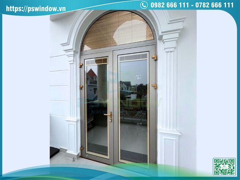 Mẫu cửa nhôm Maxpro uốn vòm kính hộp rèm cao cấp