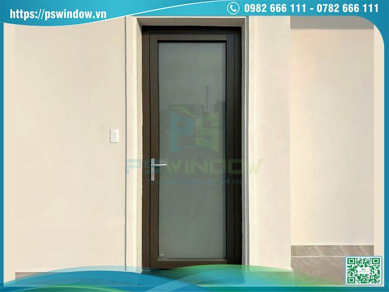 Mẫu cửa nhôm mở quay 1 cánh kính mờ màu nâu thu