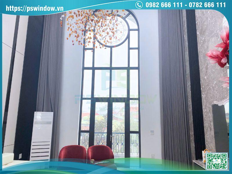 Mẫu cửa nhôm Xingfa kính hộp mở quay kết hợp vách kính uốn vòm lớn