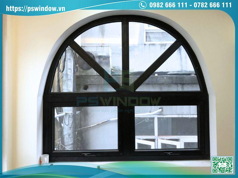 Mẫu cửa sổ mở hất 2 cánh fix trên uốn vòm