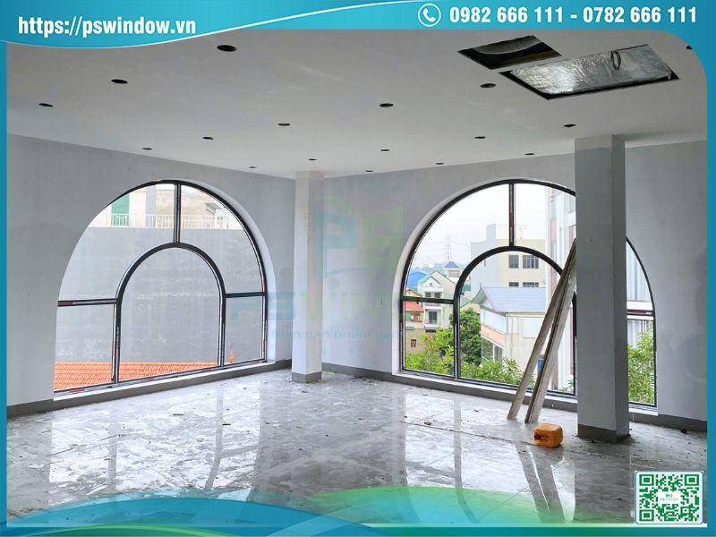 Vách kính uốn vòm khung nhôm Xingfa xám đá