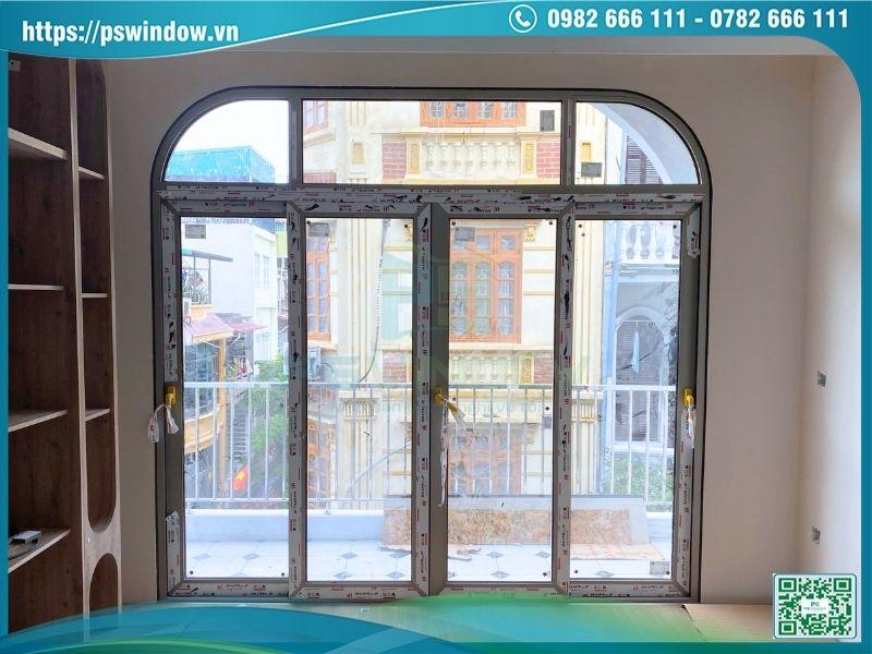 Bộ cửa nhôm Maxpro 4 cánh lùa fix trên uốn vòm sang trọng