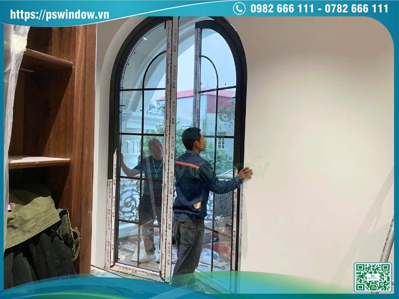 Bộ cửa nhôm Maxpro kính hộp nan nhôm uốn vòm sang trọng