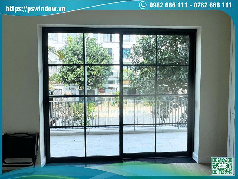 Cửa lùa 2 cánh kính hộp nan nhôm cho ban công mặt tiền