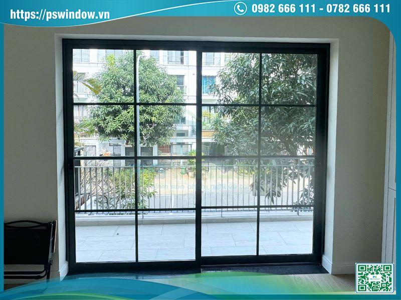 Cửa lùa 2 cánh nhôm Xingfa xám kính hộp nan nhôm