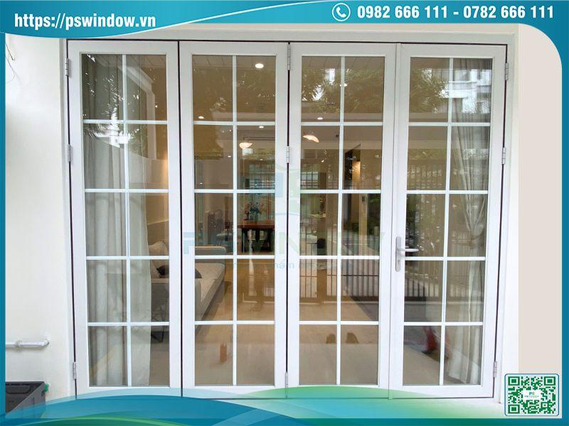 Cửa nhôm Xingfa xếp trượt 4 cánh kính hộp nan nhôm màu trắng