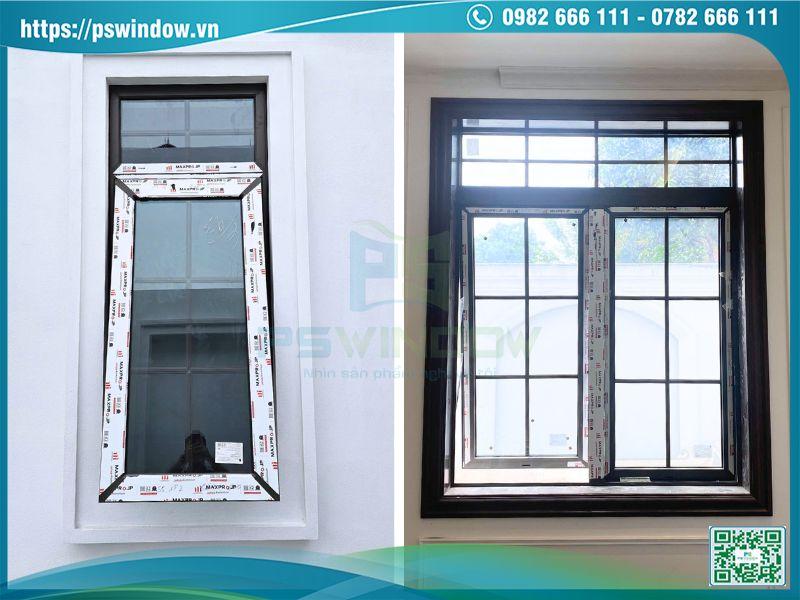 Cửa sổ mở hất nhôm Maxpro màu nâu thu