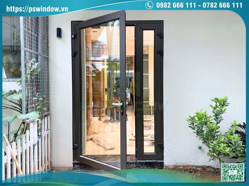 Mẫu cửa nhôm Maxpro màu nâu thu mở quay 1 cánh fix bên