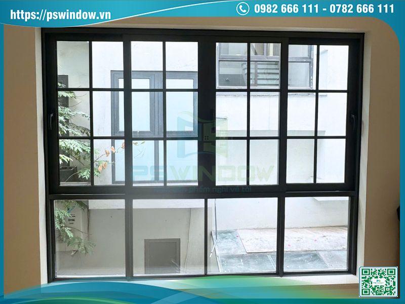 Mẫu cửa nhôm Xingfa kính hộp nan nhộm chia ô màu đen 4 cánh lùa