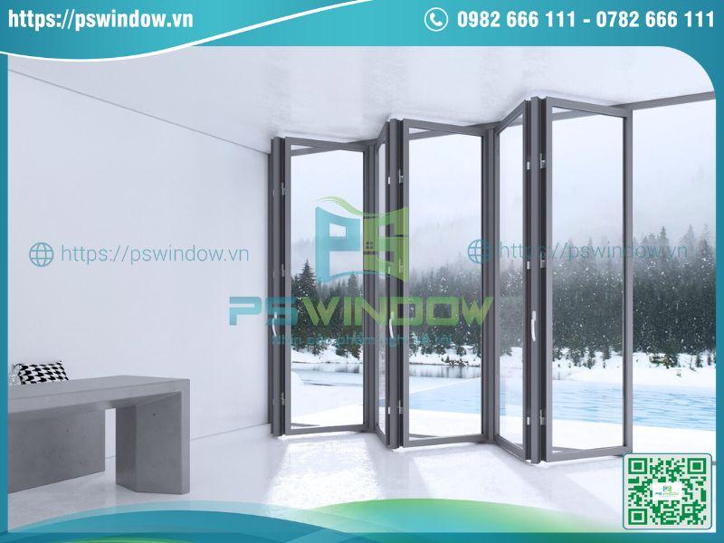 Mẫu cửa gấp trượt 6 cánh nhôm kính cho không gian rộng Mẫu cửa gấp trượt 6 cánh nhôm kính cho không gian rộng