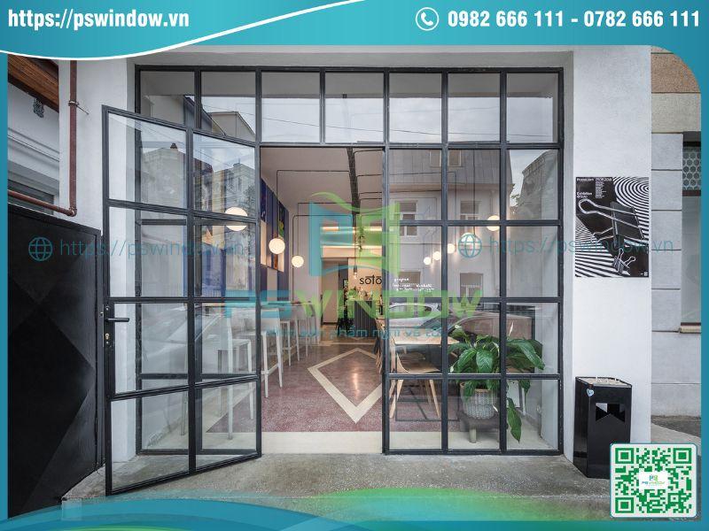 Mẫu cửa kính quán cafe mở quay khung nhôm chia ô độc đáo Mẫu cửa kính quán cafe mở quay khung nhôm chia ô độc đáo