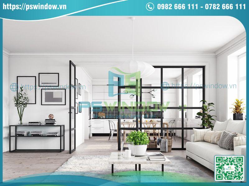 Mẫu vách kính ngăn phòng khách- phòng bếp có cửa mở quay 2 cánh Mẫu vách kính ngăn phòng khách- phòng bếp có cửa mở quay 2 cánh