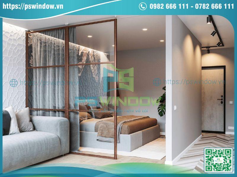 Vách ngăn pòng ngủ khung nhôm giả gỗ Vách ngăn pòng ngủ khung nhôm giả gỗ