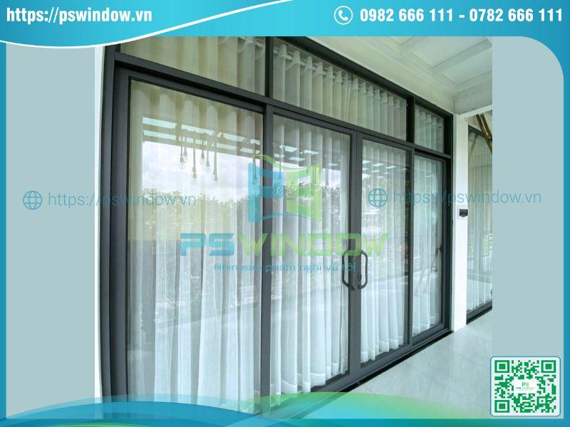 Cửa lùa 4 cánh fix trên nhôm Xingfa xám ghi Cửa lùa 4 cánh fix trên nhôm Xingfa xám ghi