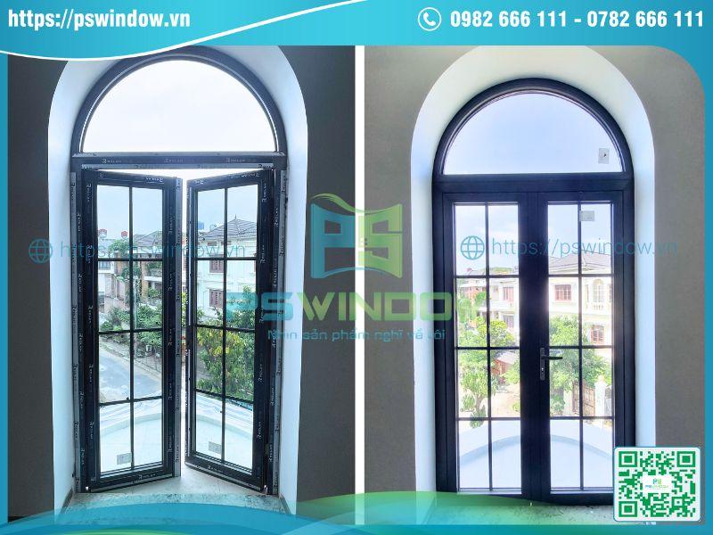 Mẫu cửa 2 cánh mở quay nhôm Rolan ô fix uốn vòm Mẫu cửa 2 cánh mở quay nhôm Rolan ô fix uốn vòm