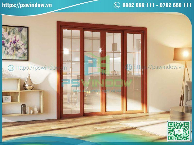 Mẫu cửa đi lùa 4 cánh khung nhôm giả gỗ kính nan trang trí Mẫu cửa đi lùa 4 cánh khung nhôm giả gỗ kính nan trang trí