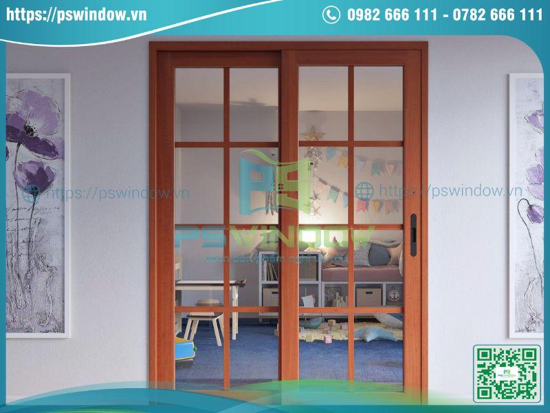 Mẫu cửa kính khung nhôm vân gỗ 2 cánh lùa chia ô Mẫu cửa kính khung nhôm vân gỗ 2 cánh lùa chia ô