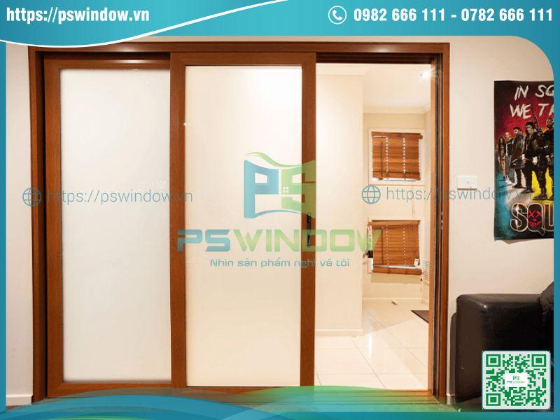 Mẫu cửa nhôm giả gỗ lùa 2 cánh kính mờ Mẫu cửa nhôm giả gỗ lùa 2 cánh kính mờ