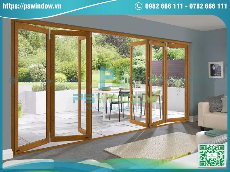 Mẫu cửa nhôm kính giả gỗ xếp trượt 6 cánh Mẫu cửa nhôm kính giả gỗ xếp trượt 6 cánh