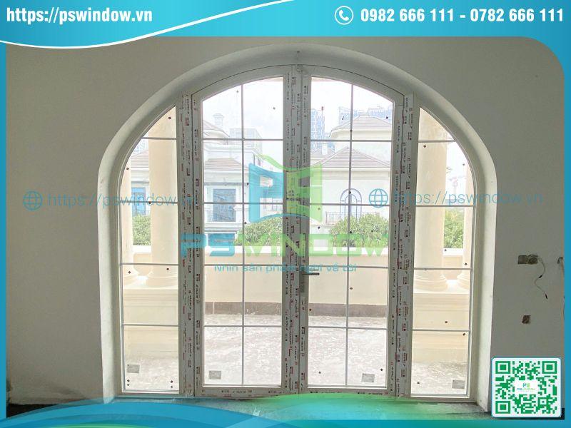 Mẫu cửa mở quay uốn vòm fix 2 bên nhôm cao cấp màu trắng ngà Mẫu cửa mở quay uốn vòm fix 2 bên nhôm cao cấp màu trắng ngà