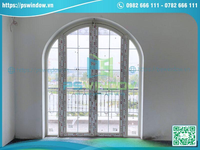 Mẫu cửa nhôm uốn vòm 2 cánh mở quay vách kính fix 2 bên Mẫu cửa nhôm uốn vòm 2 cánh mở quay vách kính fix 2 bên