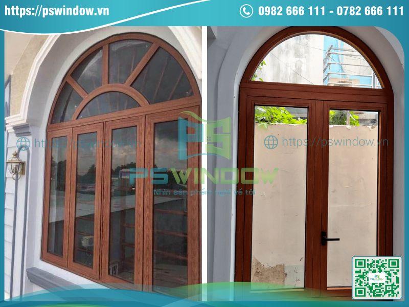 Mẫu cửa nhôm vân gỗ uốn vòm sang trọng Mẫu cửa nhôm vân gỗ uốn vòm sang trọng