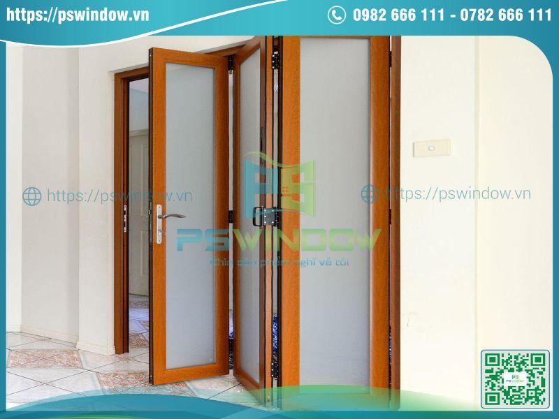 Mẫu cửa nhôm vân gỗ xếp trượt 3 cánh kính mờ Mẫu cửa nhôm vân gỗ xếp trượt 3 cánh kính mờ