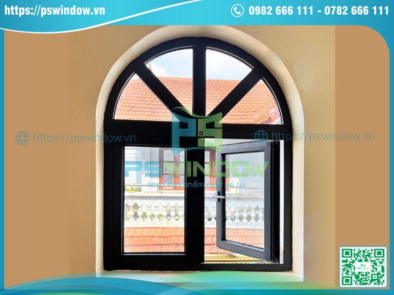 Mẫu cửa nhôm uốn vòm 2 cánh fix trên chia ô chéo Mẫu cửa nhôm uốn vòm 2 cánh fix trên chia ô chéo