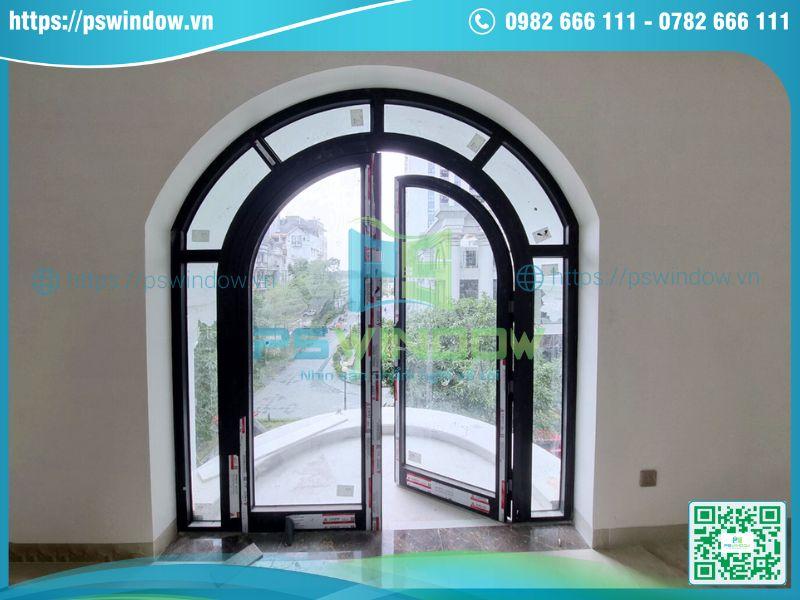 Mẫu cửa phòng ngủ nhôm Xingfa 2 cánh mở quay uốn vòm Mẫu cửa phòng ngủ nhôm Xingfa 2 cánh mở quay uốn vòm