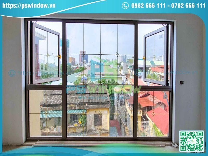 Mẫu cửa sổ mở quay và vách kính cố định nhôm Maxpro kính nan đồng Mẫu cửa sổ mở quay và vách kính cố định nhôm Maxpro kính nan đồng