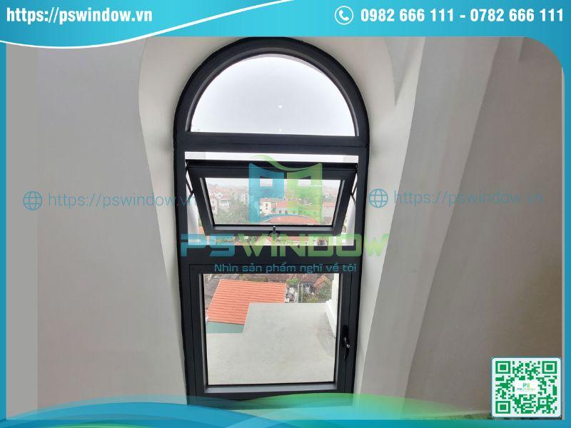 Mẫu cửa uốn vòm nhôm kính kết hợp cửa sổ mở quay, mở hất và ô fix trên Mẫu cửa uốn vòm nhôm kính kết hợp cửa sổ mở quay, mở hất và ô fix trên
