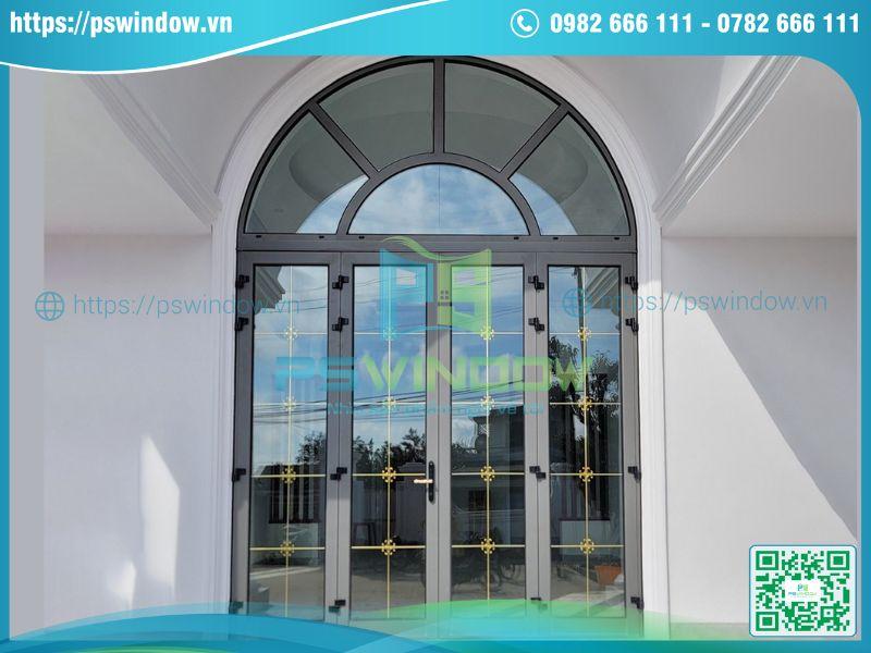 Mẫu cửa đi mở quay 4 cánh Xingfa, kính nan đồng chia ô, vách kính vòm Mẫu cửa đi mở quay 4 cánh Xingfa, kính nan đồng chia ô, vách kính vòm