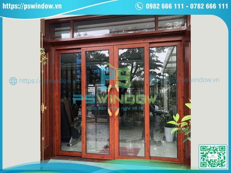 Cửa nhôm trượt quay 4 cánh màu vân gỗ Cửa nhôm trượt quay 4 cánh màu vân gỗ