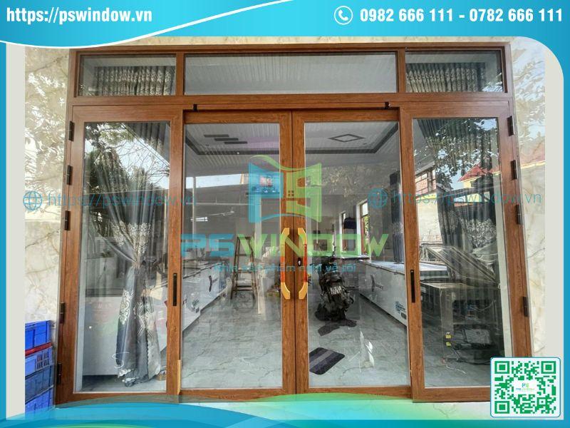 Cửa trượt quay nhôm kính 4 cánh giả gỗ Cửa trượt quay nhôm kính 4 cánh giả gỗ