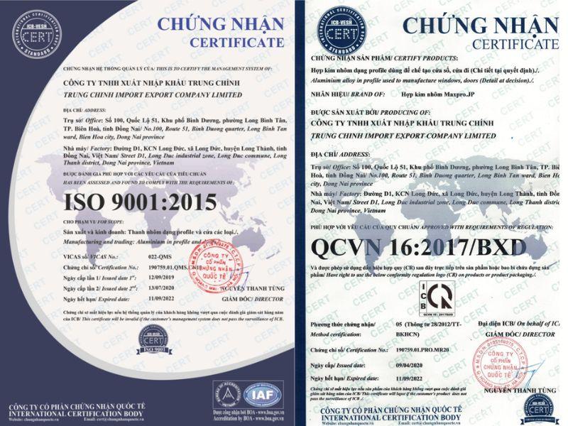 Chứng nhận ISO và chứng nhận QCVN của nhôm Maxpro