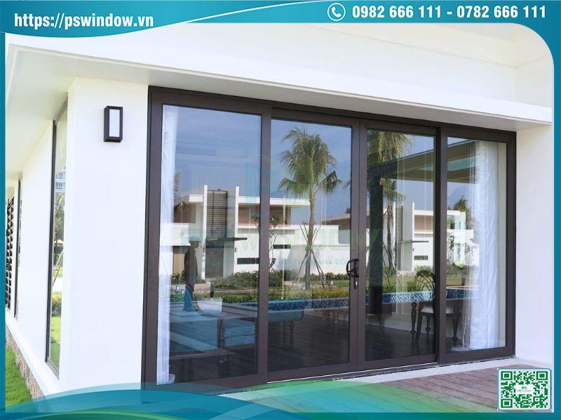 Cửa lùa 4 cánh nhôm Maxpro màu nâu thu