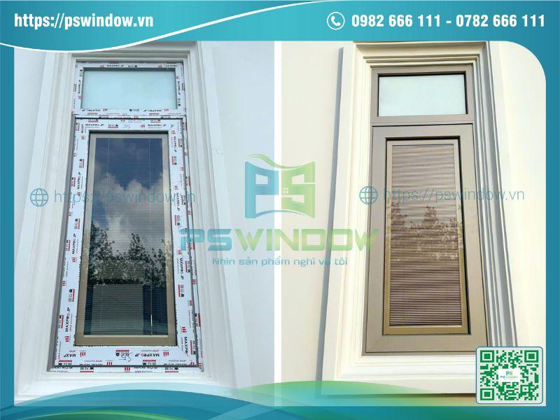 Cửa Maxpro mở hất 1 cánh kính hộp rèm màu sâm banh