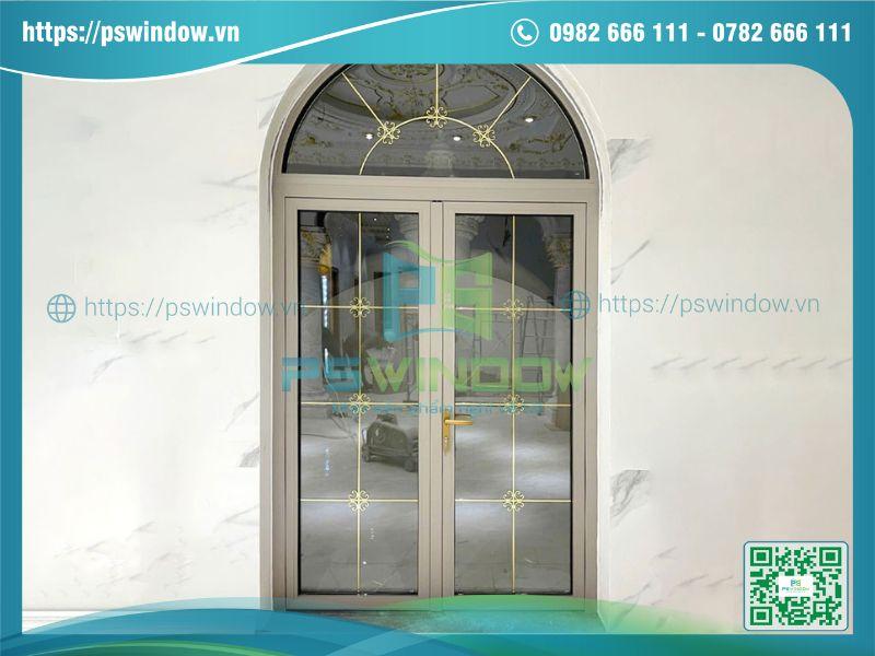Cửa Maxpro mở quay 2 cánh kính nan đồng fix uốn vòm Cửa Maxpro mở quay 2 cánh kính nan đồng fix uốn vòm