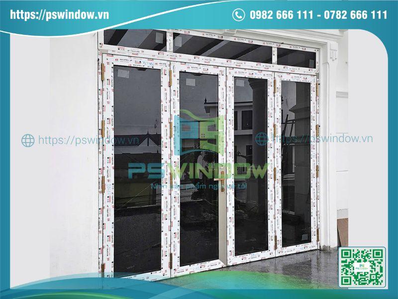 Cửa nhôm Maxpro 4 cánh mở quay fix trên màu champagne Cửa nhôm Maxpro 4 cánh mở quay fix trên màu champagne