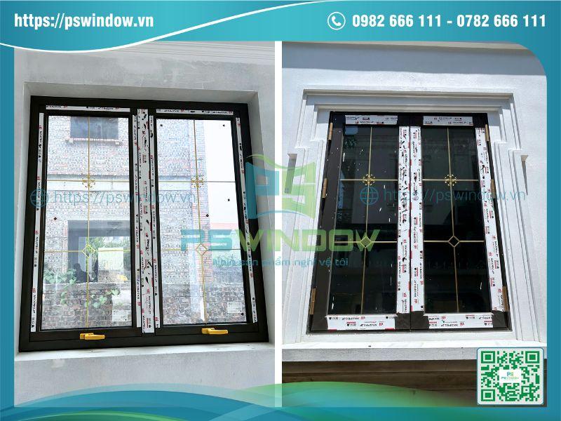 Cửa sổ 2 cánh mở hất nhôm Maxpro màu đen kính nan đồng