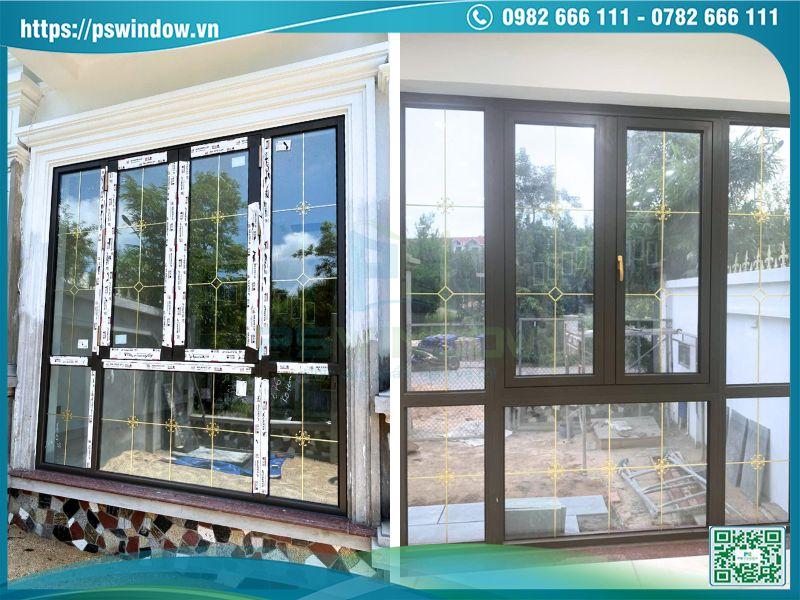 Cửa sổ mở quay 2 cánh Maxpro kết hợp vách kính nan đồng Cửa sổ mở quay 2 cánh Maxpro kết hợp vách kính nan đồng