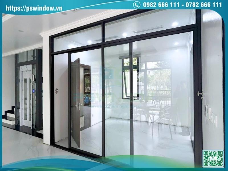 Vách ngăn nhôm kính cửa lùa 1 cánh kết hợp vách fix khung nhôm Xingfa