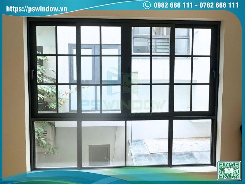 Mẫu vách kính kết hợp cửa sổ lùa 4 cánh Xingfa kính hộp nan nhôm