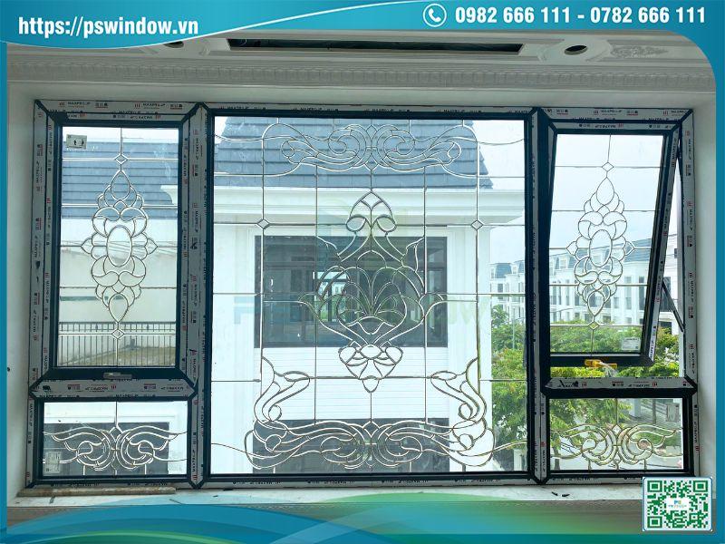 Vách kính hoa đồng kết hợp cửa sổ mở hất 2 bên khung nhôm Maxpro