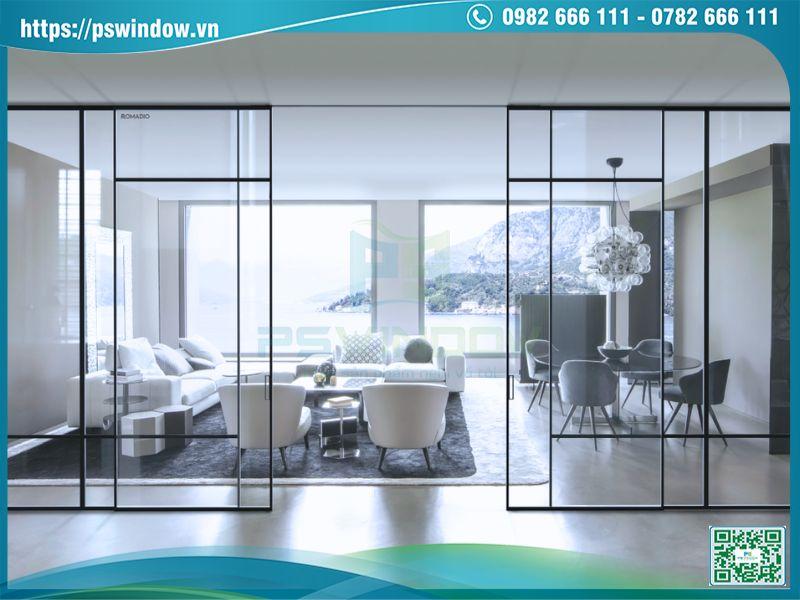 Vách kính ngăn phòng di động kiểu lùa slim
