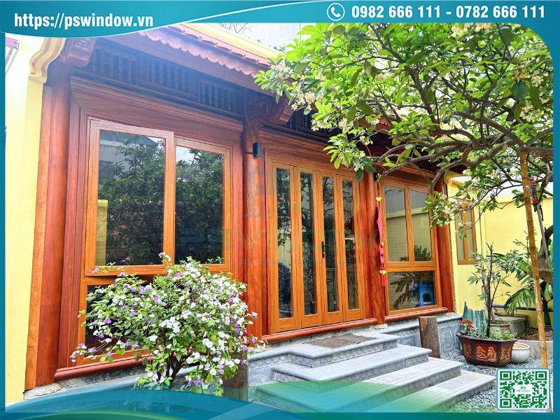 Cửa nhôm kính tân cổ điển màu vân gỗ sang trọng